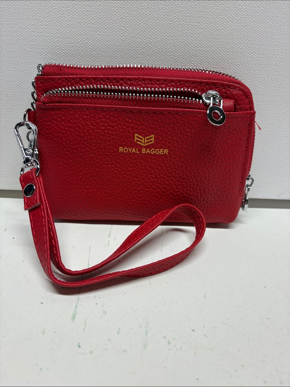 Red Leather Wristlet Clutch with Detachable Strap